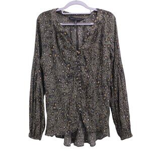 White House Black Market Button Front Long Sleeve Blouse Sz M Green Floral